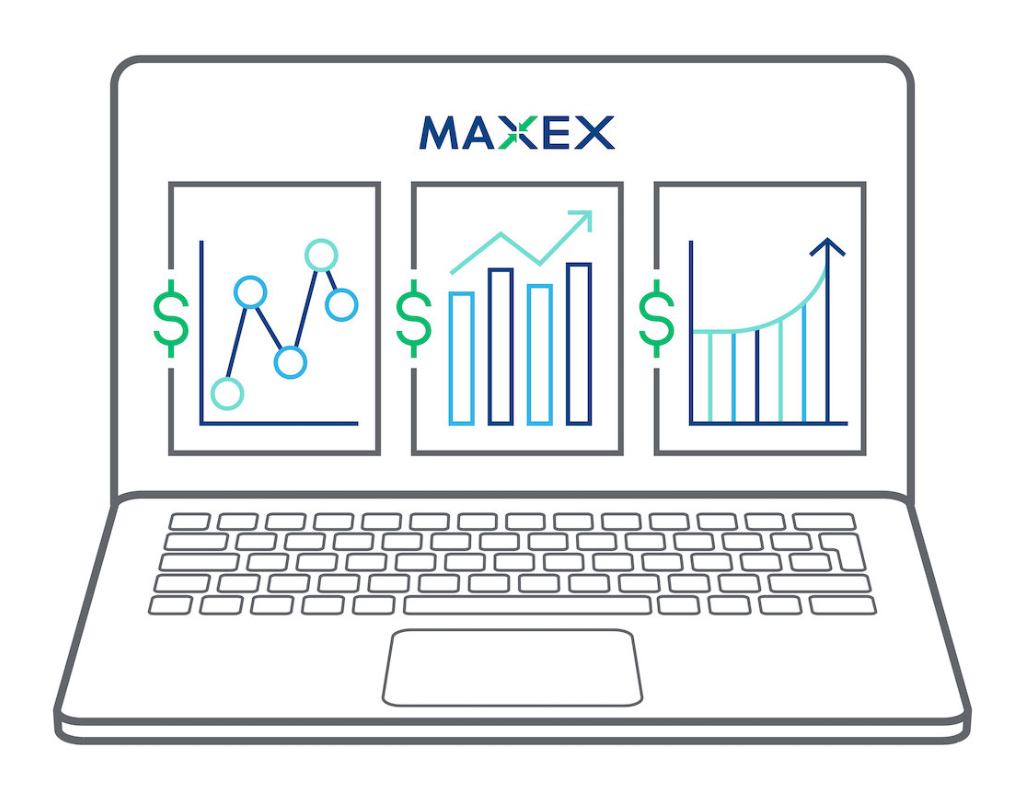 Illustration of a laptop displaying three financial charts with dollar signs and upward trends, and the word MAXEX above the charts.