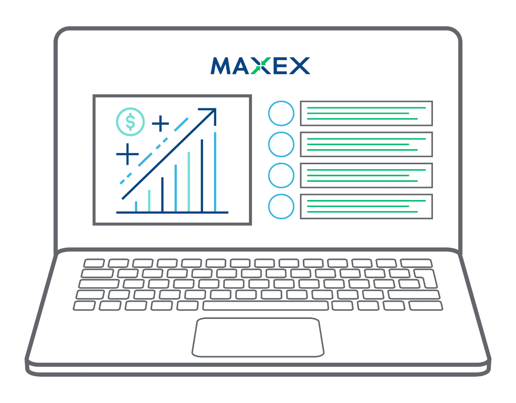 Illustration of an open laptop displaying the MAXEX logo, a graph with an upward trend, dollar symbol, and a list of four items with green lines representing text.