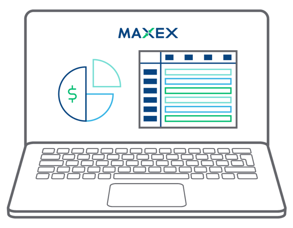 Illustration of a laptop displaying the MAXEX logo, a pie chart with a dollar sign, and a digital spreadsheet or table on the screen.